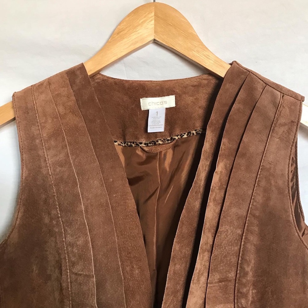 CHICO'S BROWN 100% GENUINE SUEDE LEATHER PLEATED VEST WOMEN'S SIZE M/8 - Picture 3 of 9
